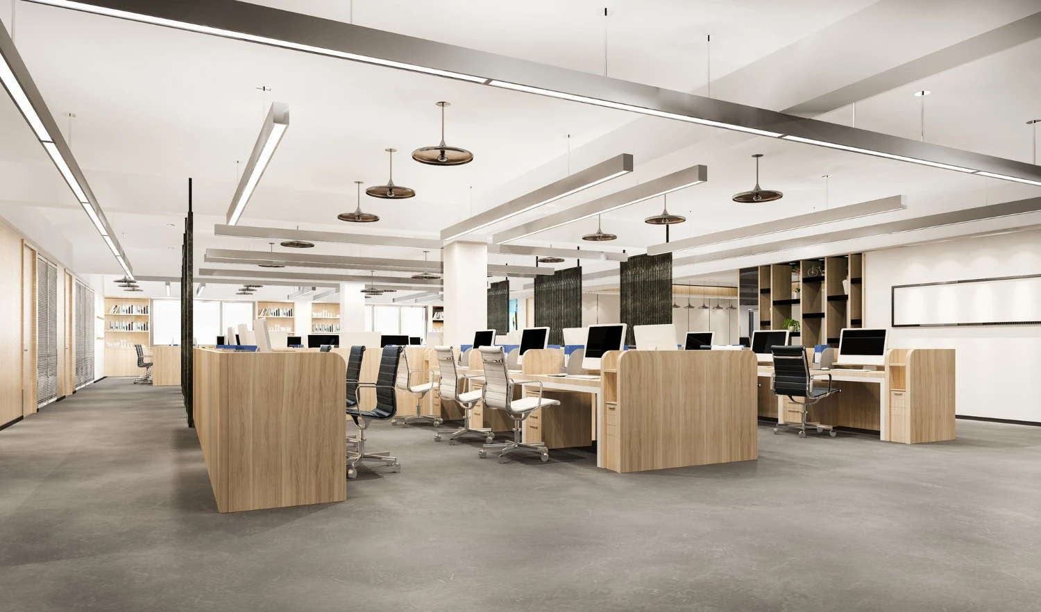 Modern office space with open plan layout, wooden desks, ergonomic chairs, and computers