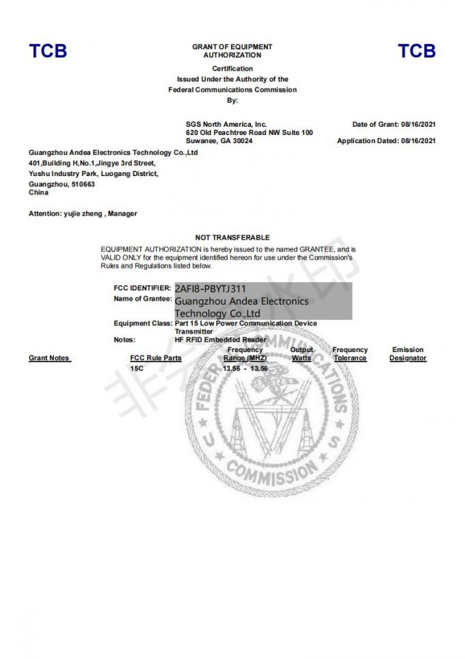 latest company news about PBYTJ311 HF RFID Embedded and Shielded Reader Have Passed CE and FCC Certifications  1